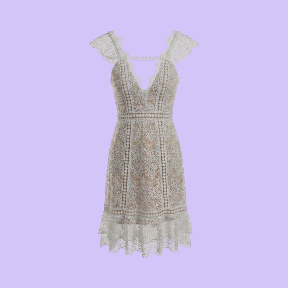 NWT White Lace Ruffle Mini Dress Nude Lining Flutter Sleeve Womens Small